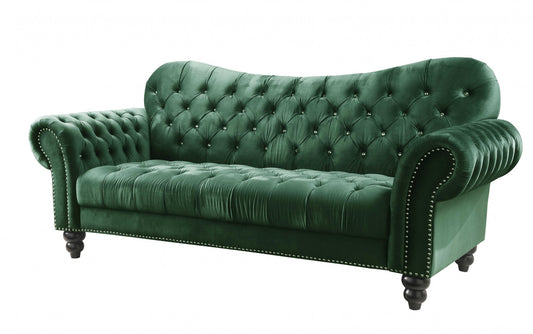 91" Green Velvet And Black Sofa