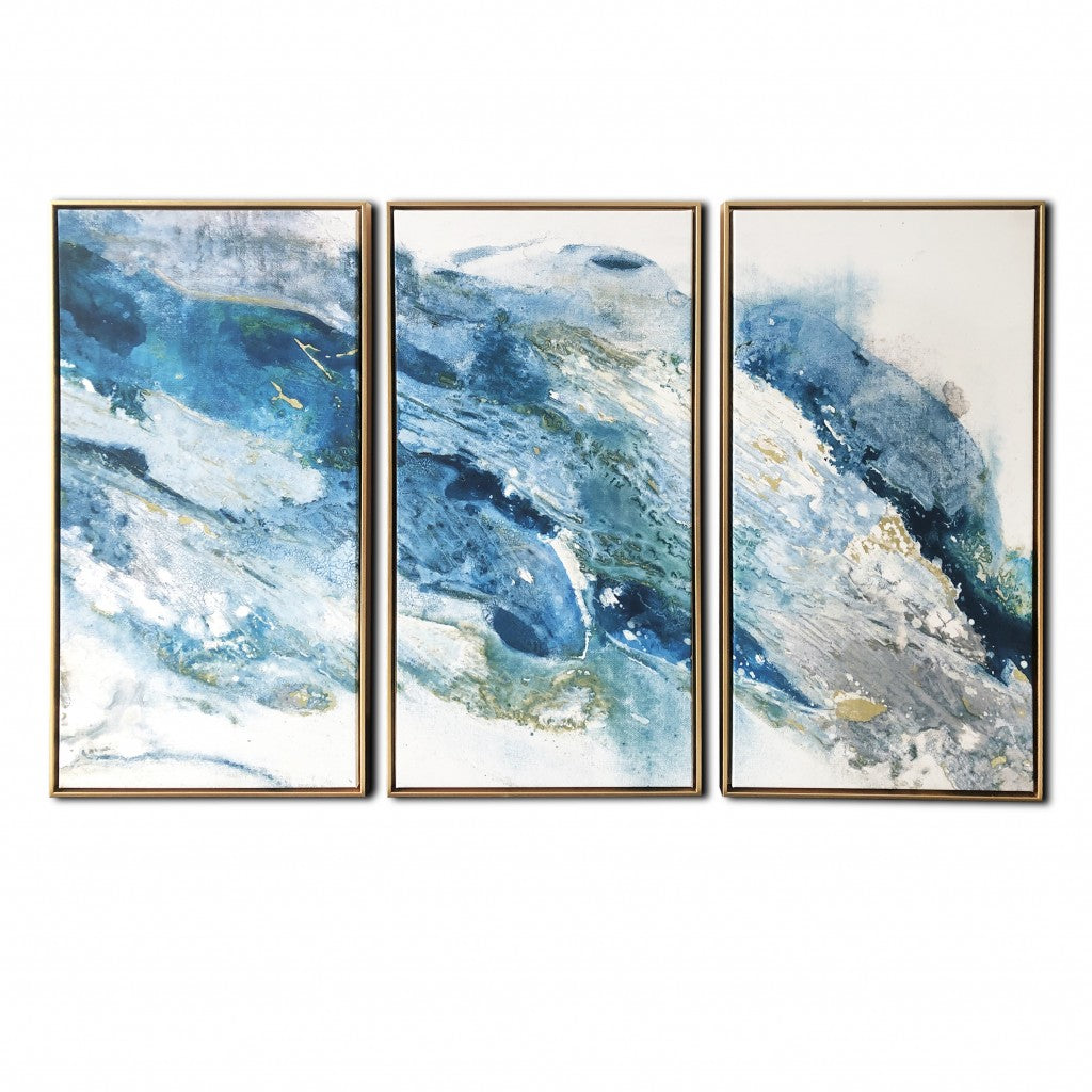 Set Of Three Abstract Blues With Gold Frames