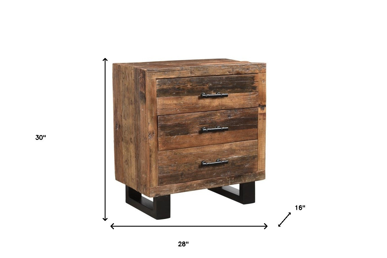 30" DistressedThree Drawer Solid Wood & Metal Nightstand