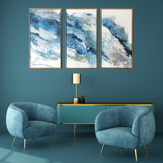Set Of Three Abstract Blues With Gold Frames