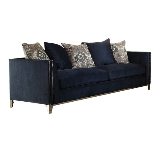 95" Blue Velvet Sofa With Five Toss Pillows